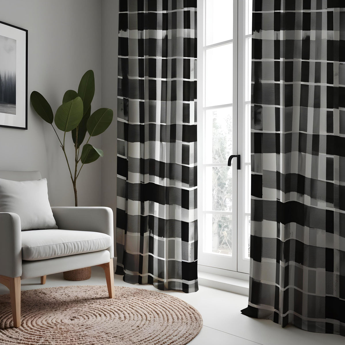 Black and White Grid Curtains, Monochrome Geometric Drapes