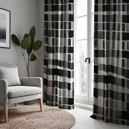Black and White Grid Curtains, Monochrome Geometric Drapes