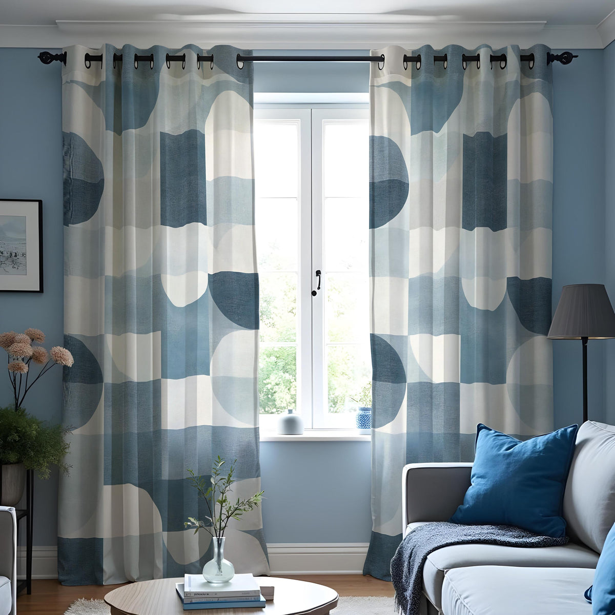 Blue Abstract Geometric Curtains, Minimalist Custom Drapes