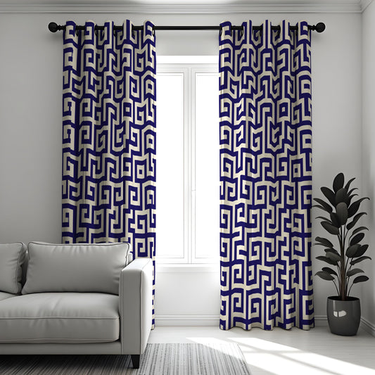 Navy Blue Greek Key Curtains, Geometric Made to Measure Drapes