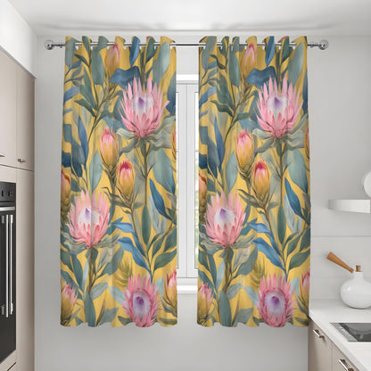 Pink Protea Tropical Curtains, Green Leaf Floral Drapes