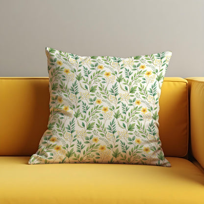 Spring Botanical Cushion Cover, Green Leaves & Yellow Floral Pillow Case