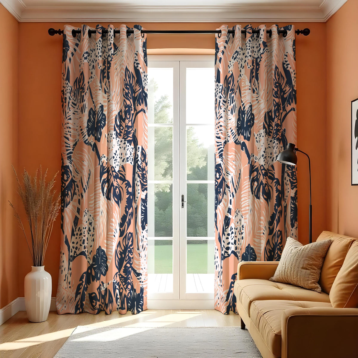 Blush Pink Tropical Curtains, Navy Leaf & Leopard Drapes