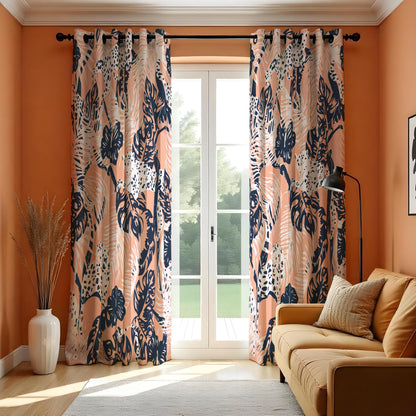 Blush Pink Tropical Curtains, Navy Leaf & Leopard Drapes