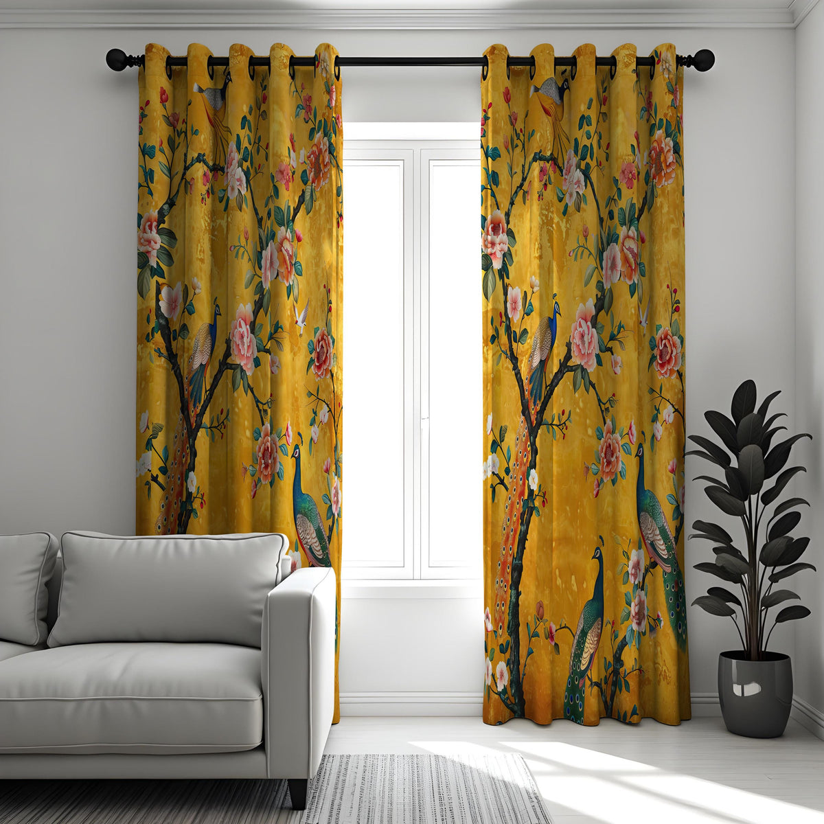 Yellow Chinoiserie Peacock Curtains, Floral Window Drapes