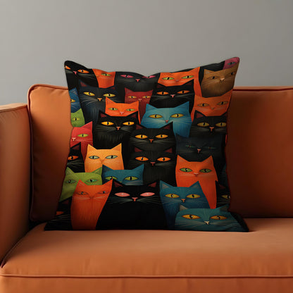 Colorful Cat Faces Cushion Cover, Funky Black & Rainbow Cats Pillow Case