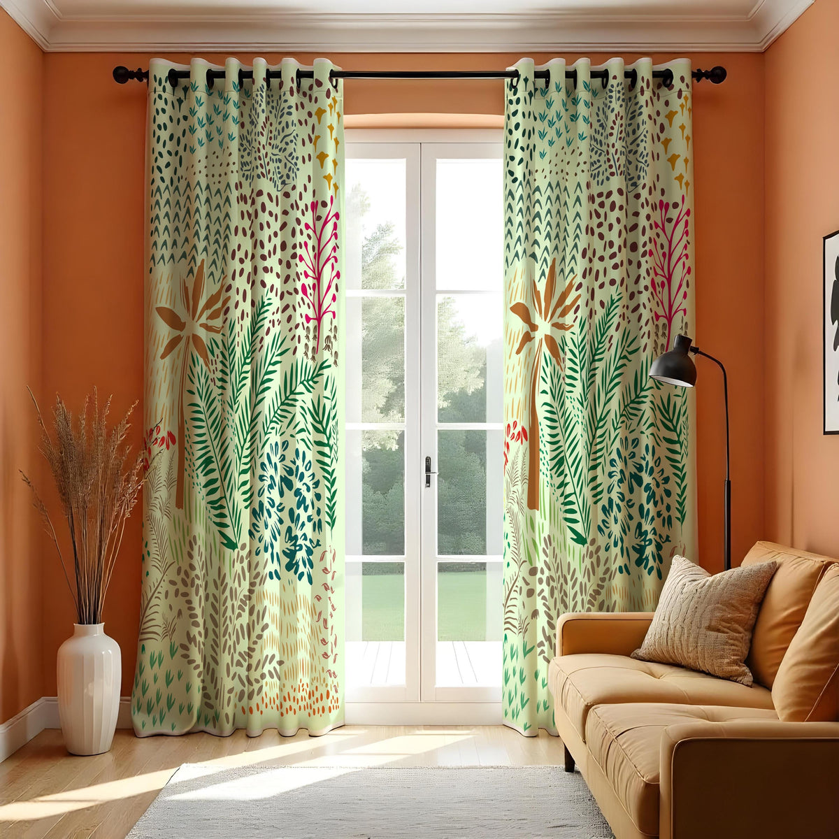 Green Tropical Palm Curtains, Botanical Leaf Print Drapes