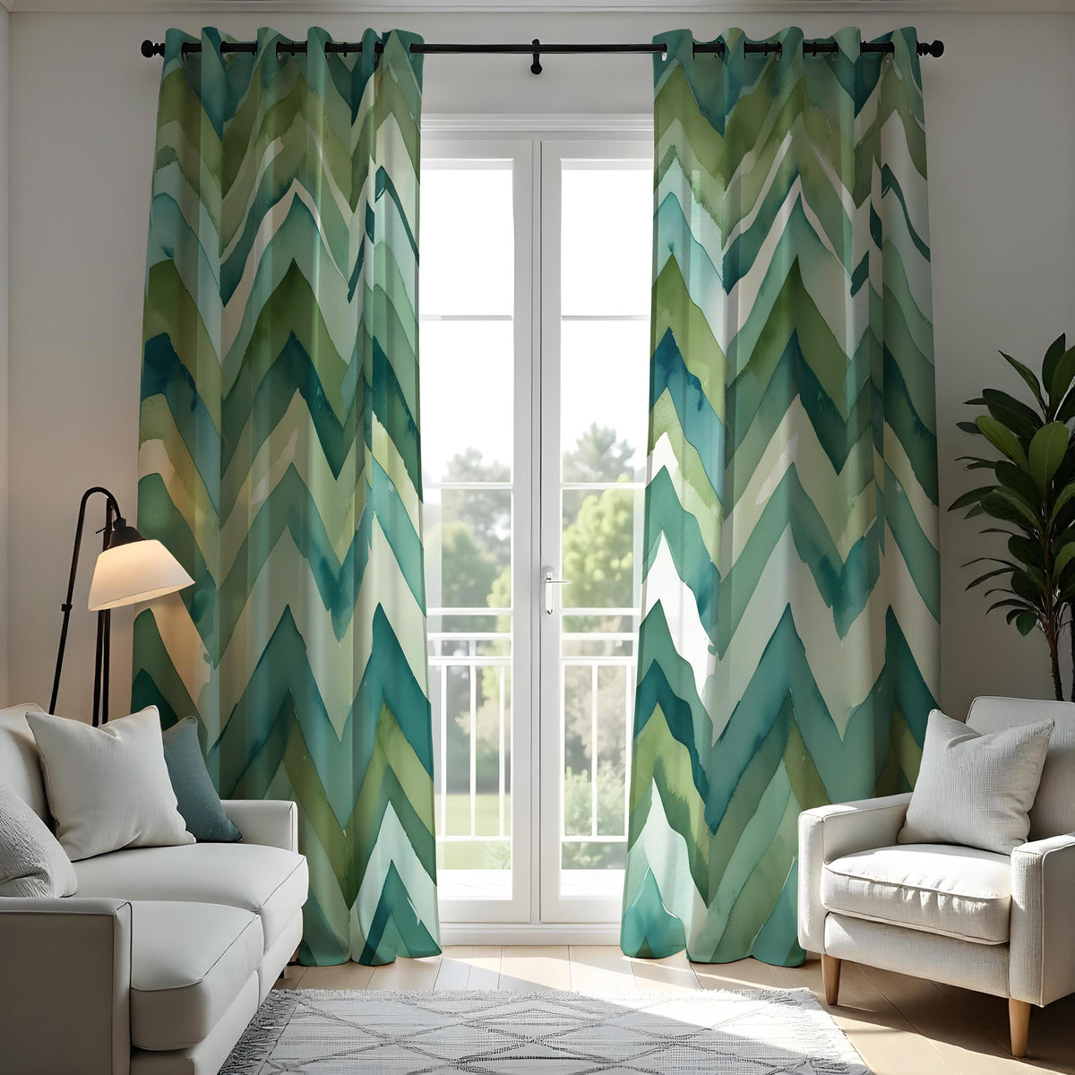 Green Zigzag Chevron Curtains, Custom Made Window Drapes