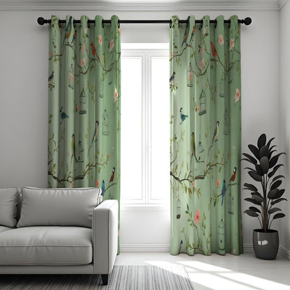 Green Bird & Branch Curtains, Nature Botanical Drapes