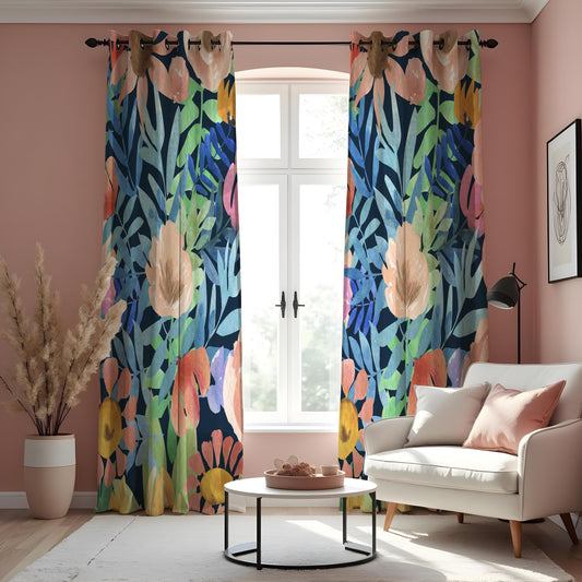 Navy Blue Colorful Floral Curtains, Botanical Custom Drapes