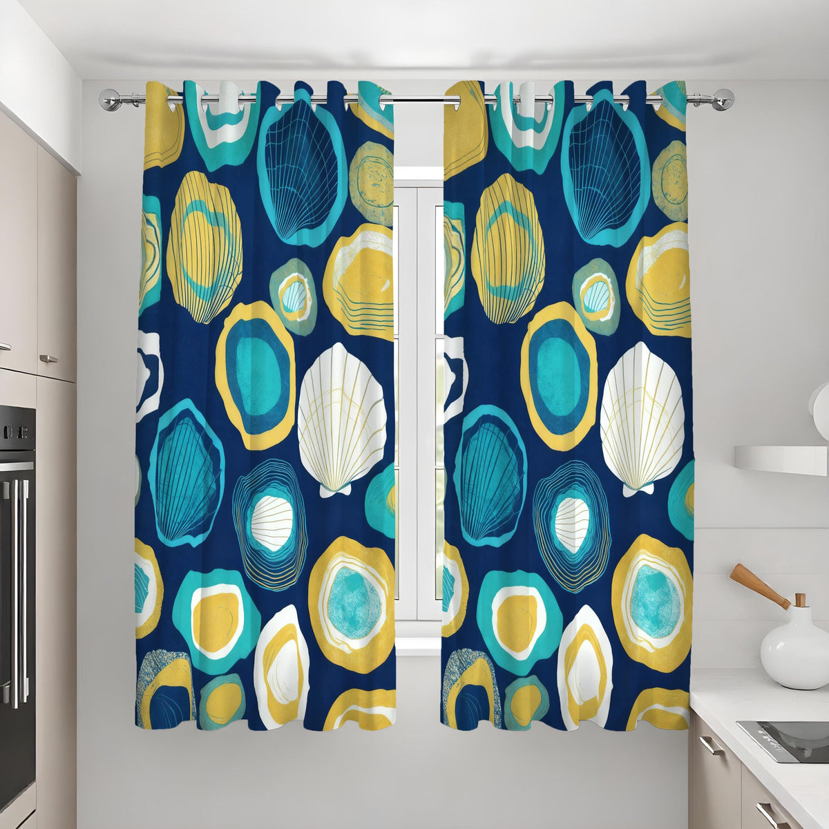 Navy & Teal Nautical Shell Curtains, Coastal Beach Drapes