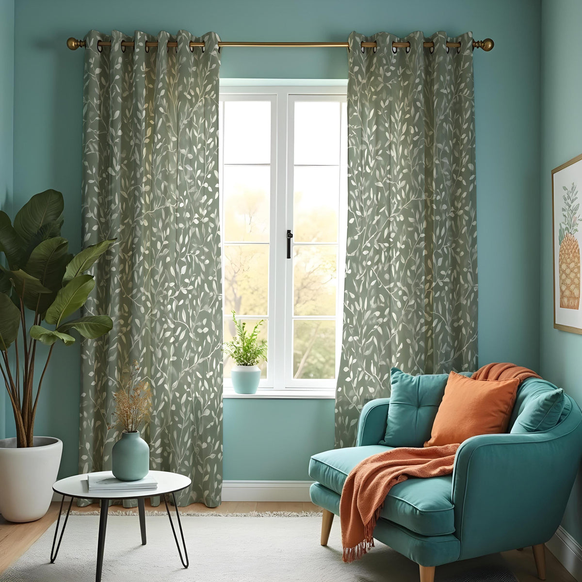 Green Botanical Leaf Print Curtains, Fresh Nature Drapes