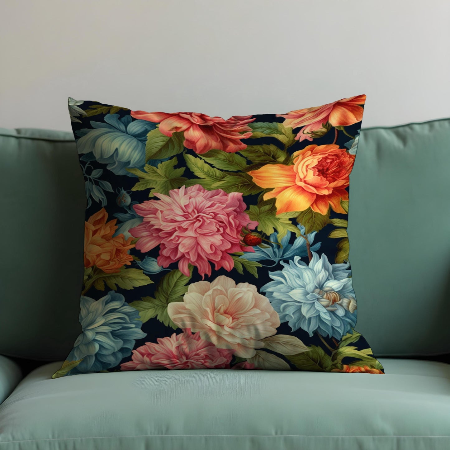 Bold Classic Floral Cushion Cover, Multicolor Peonies & Leaves Pillow Case