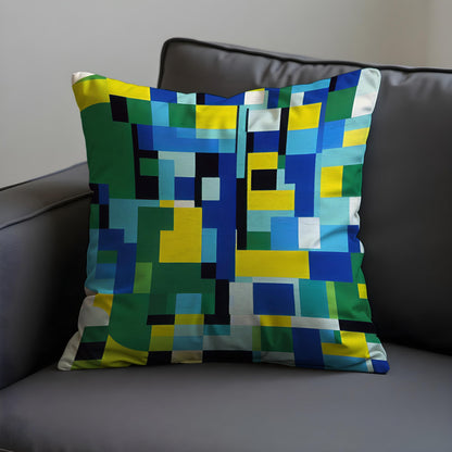 Pixel Art Cushion Cover, Blue Green Grid Pillow Case