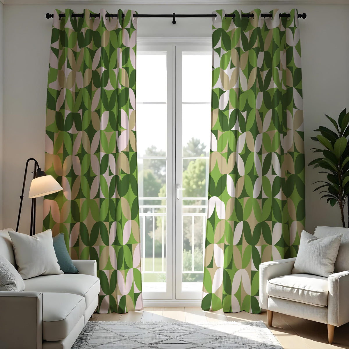 Green Retro Geometric Curtains, Mid Century Custom Drapes