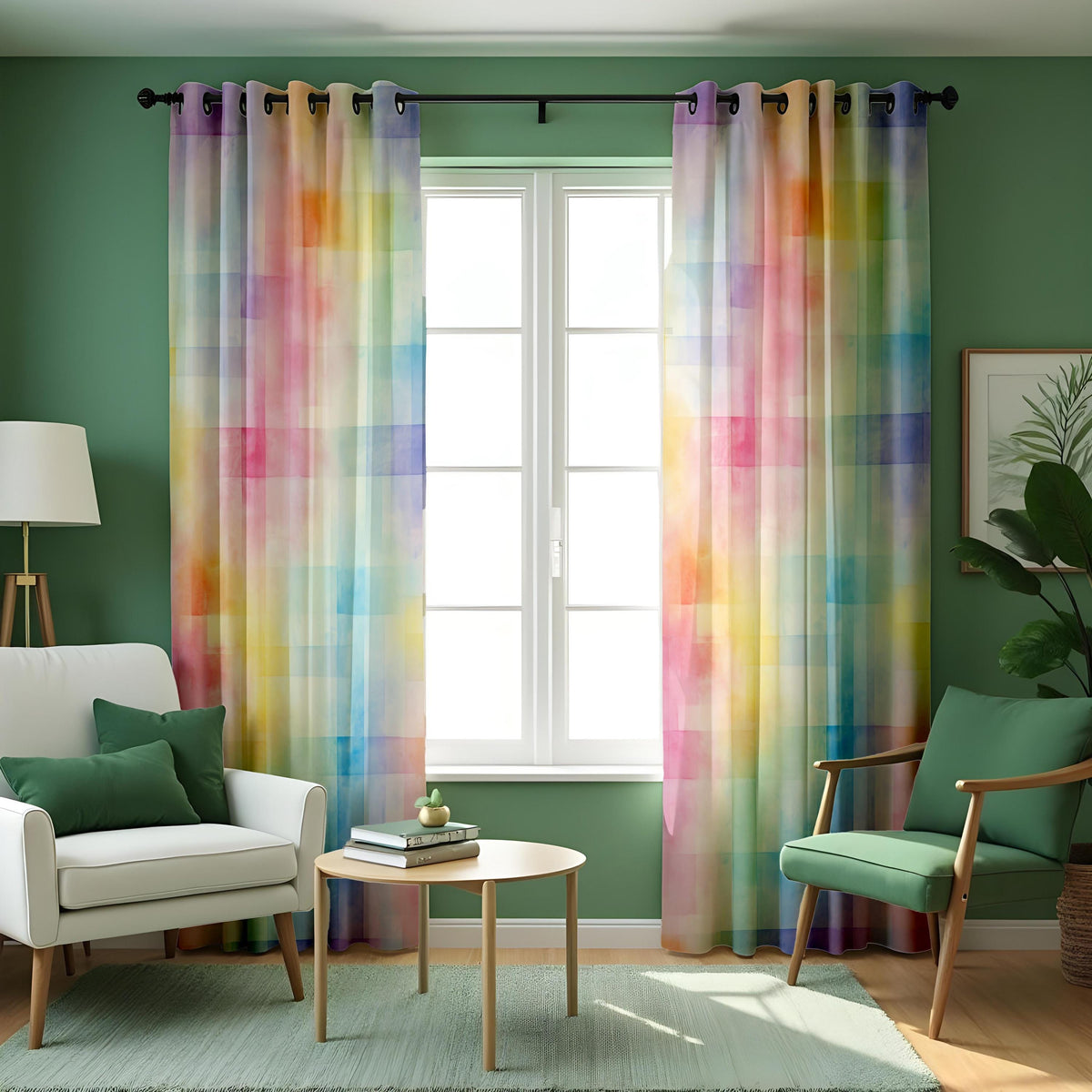 Pastel Rainbow Curtains, Soft Watercolor Gradient Drapes