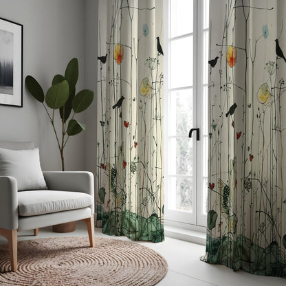Bird and Flower Curtains, Botanical Art Print Window Drapes