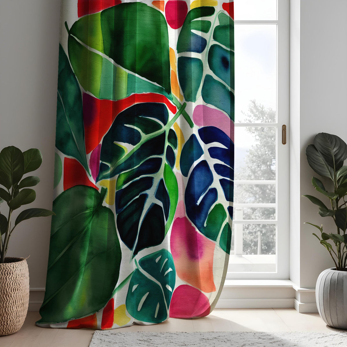 Red & Green Jungle Leaf Curtains, Tropical Botanical Drapes