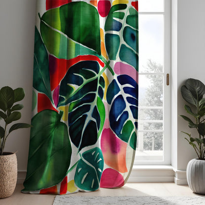 Red & Green Jungle Leaf Curtains, Tropical Botanical Drapes