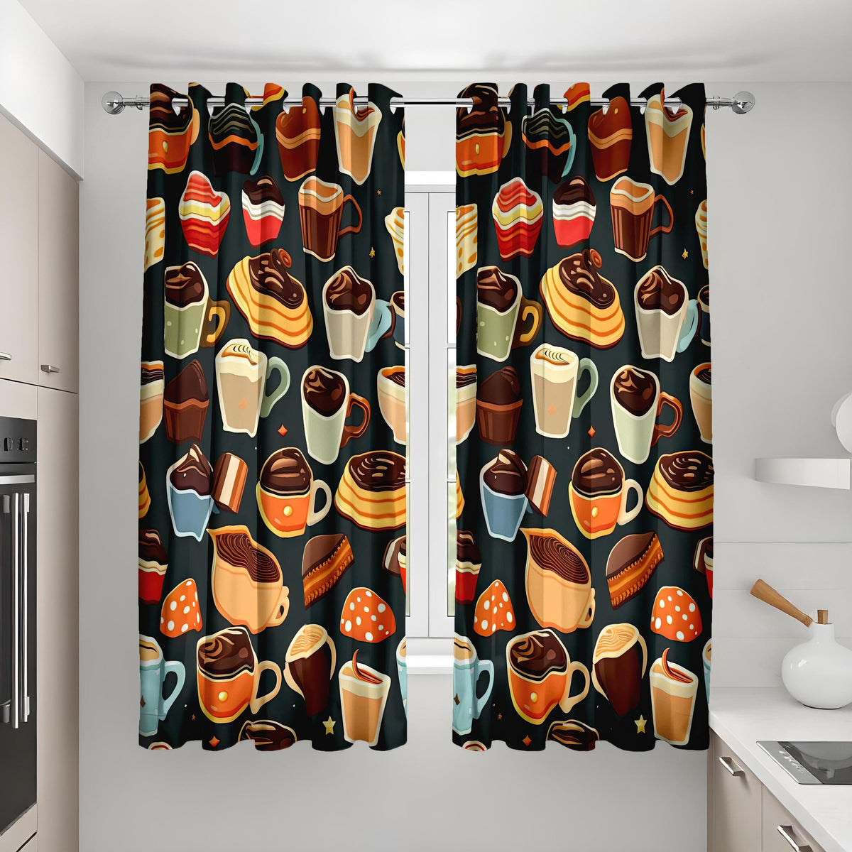 Coffee and Dessert Kitchen Curtains, Cafe Pastry Print Drapes