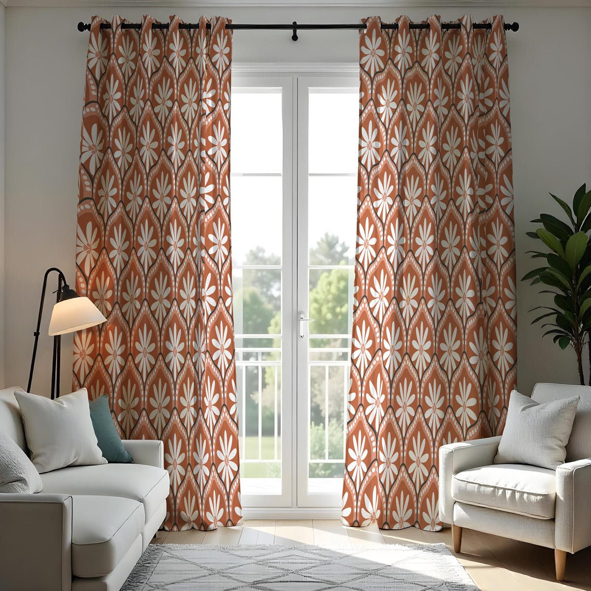 Retro Orange Daisy Curtains, Mid Century Geometric Drapes