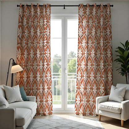 Retro Orange Daisy Curtains, Mid Century Geometric Drapes