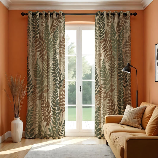Brown Green Fern Curtains, Earth Tone Botanical Drapes