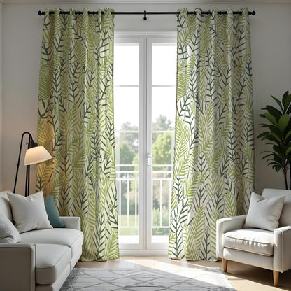Green Leaf Print Curtains, Tropical Jungle Botanical Drapes