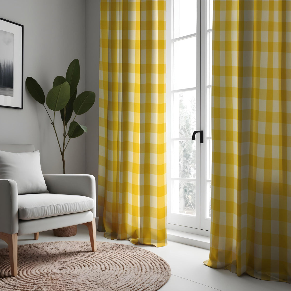 Yellow Gingham Check Curtains, Farmhouse Kitchen Drapes