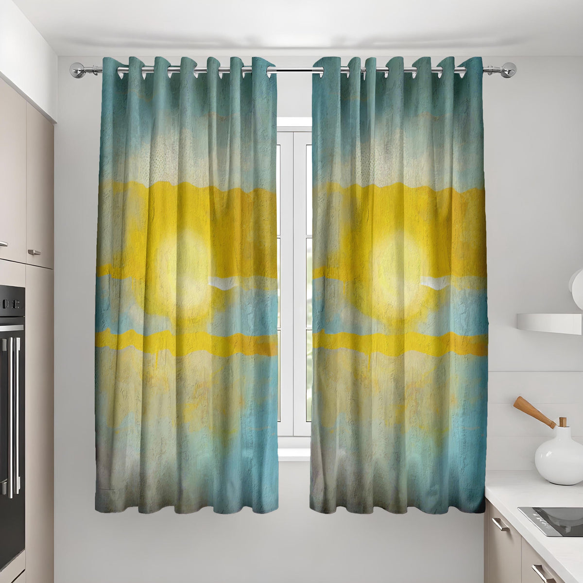 Yellow Blue Watercolor Landscape Curtains, Boho Drapes