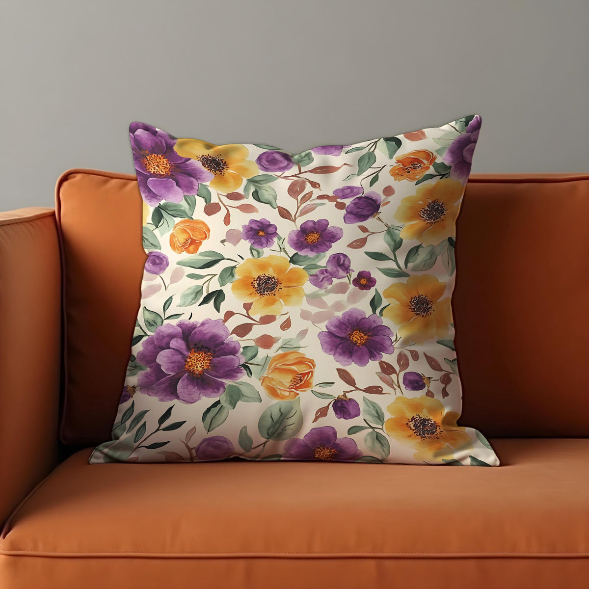 Purple Yellow Floral Cushion Cover, Watercolor Throw Pillow Case