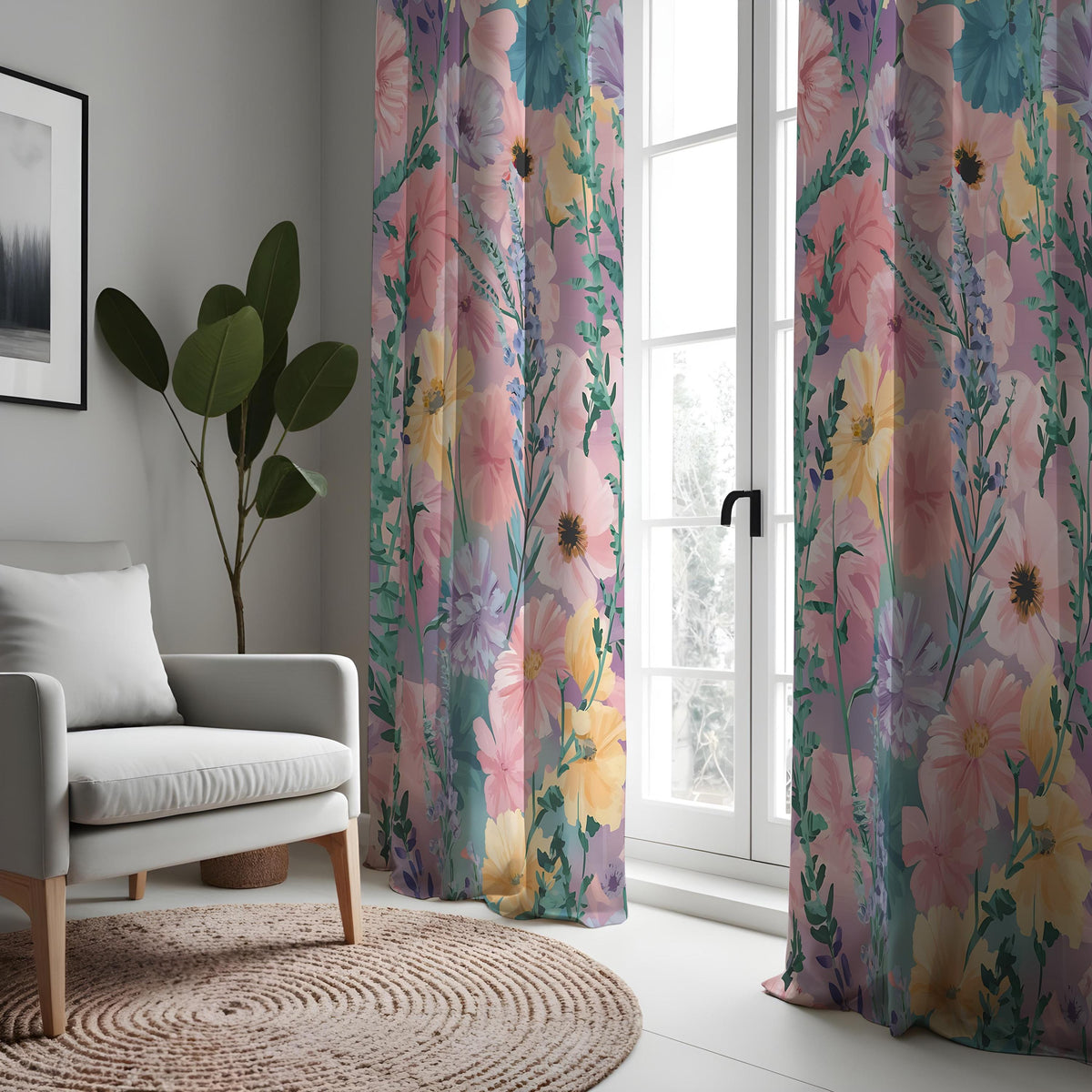 Pastel Pink & Yellow Wildflower Curtains, Watercolor Drapes