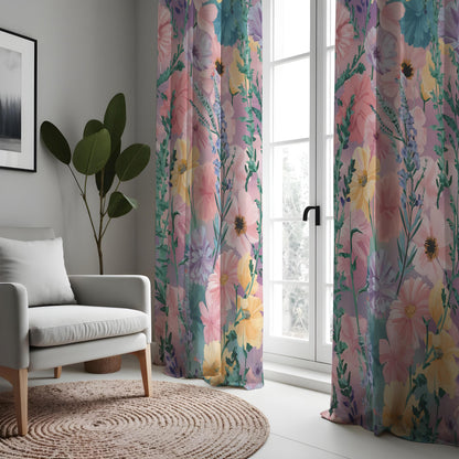 Pastel Pink & Yellow Wildflower Curtains, Watercolor Drapes