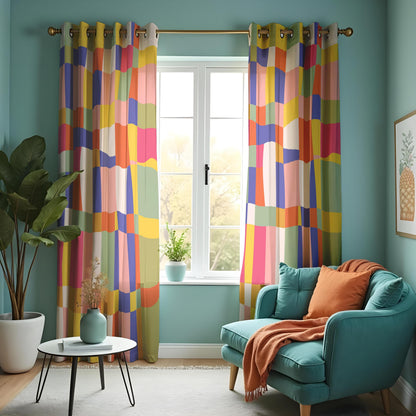 Rainbow Checkered Curtains, Colorful Kids Room Drapes
