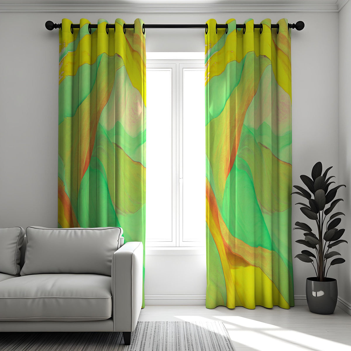 Green Yellow Fluid Wave Curtains, Abstract Window Drapes