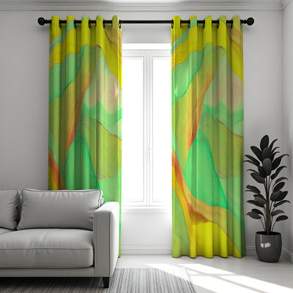 Green Yellow Fluid Wave Curtains, Abstract Window Drapes