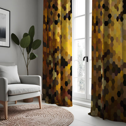 Brown Yellow Hexagon Curtains, Modern Geometric Drapes
