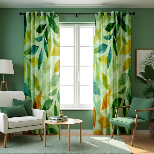 Green Watercolor Leaf Curtains, Yellow & Teal Botanical Drapes