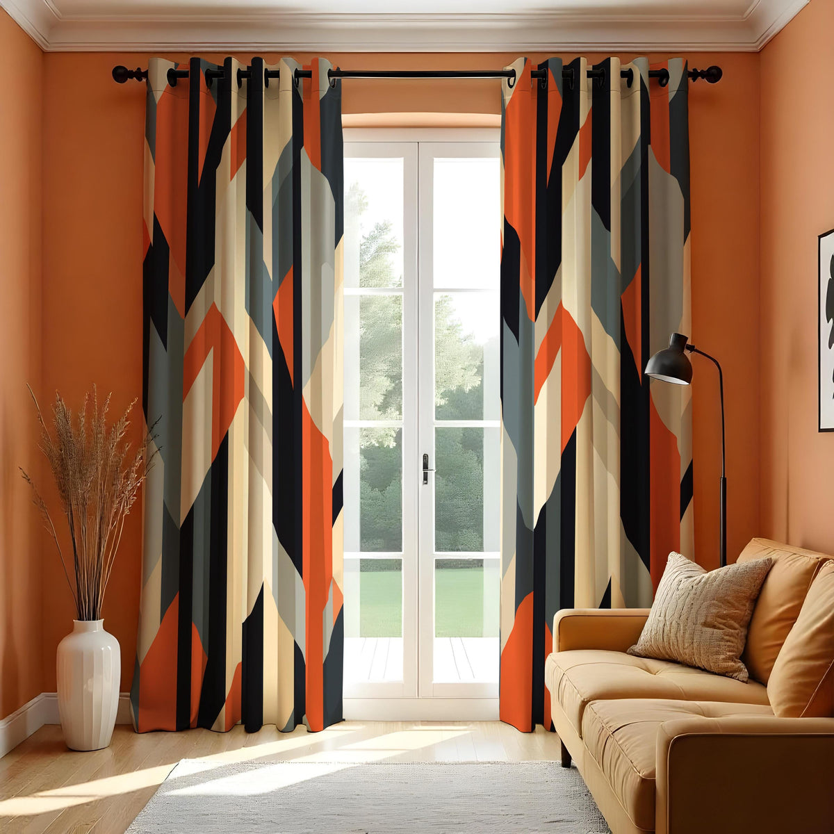 Orange Navy Beige Geometric Curtains, Angular Abstract Drapes