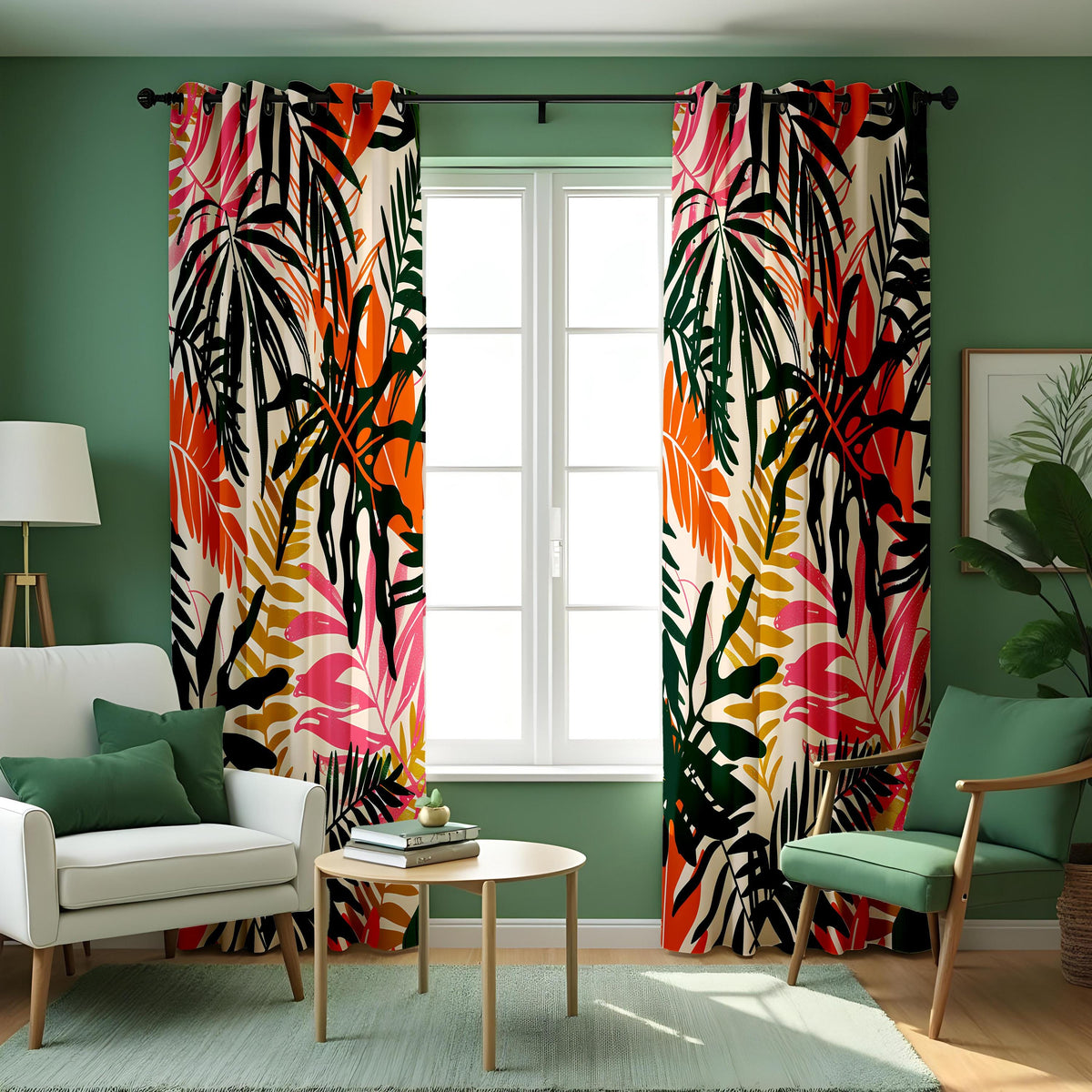 Green Tropical Leaf Curtains, Orange & Pink Botanical Drapes