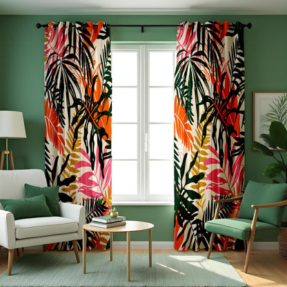 Green Tropical Leaf Curtains, Orange & Pink Botanical Drapes
