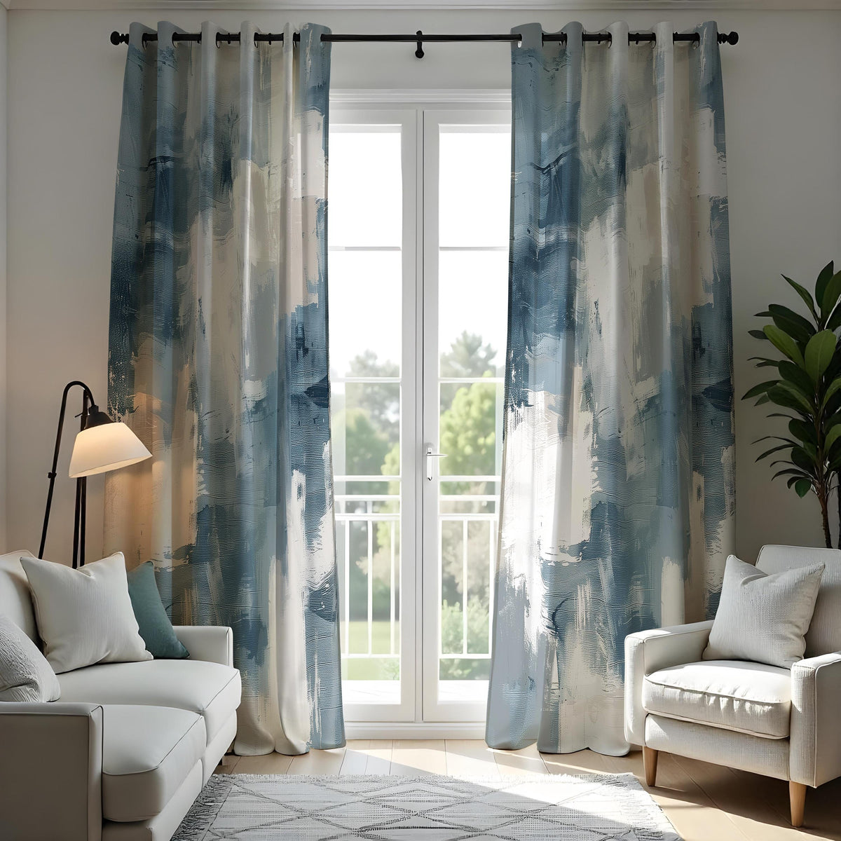 Blue Abstract Brushstroke Curtains, Modern Art Print Drapes