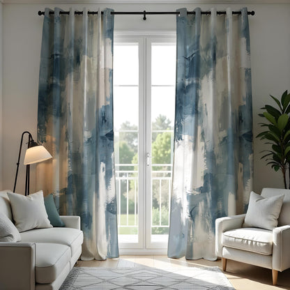 Blue Abstract Brushstroke Curtains, Modern Art Print Drapes