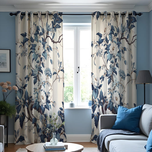 Blue Chinoiserie Curtains, White Peony Botanical Drapes