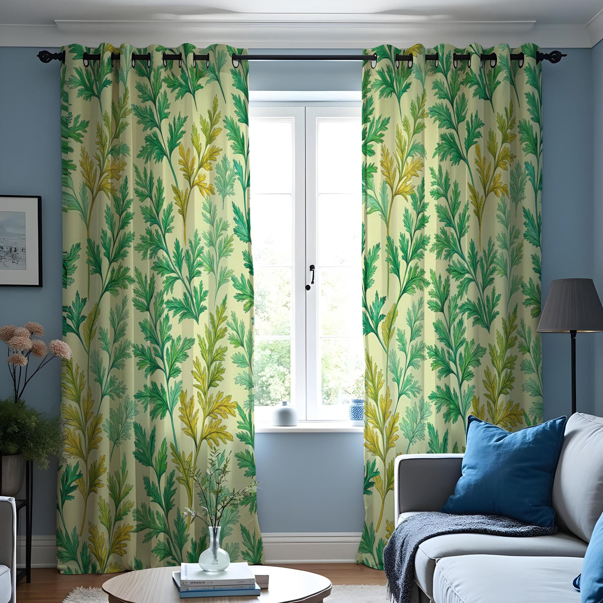 Green Botanical Leaf Curtains, Tropical Nature Drapes
