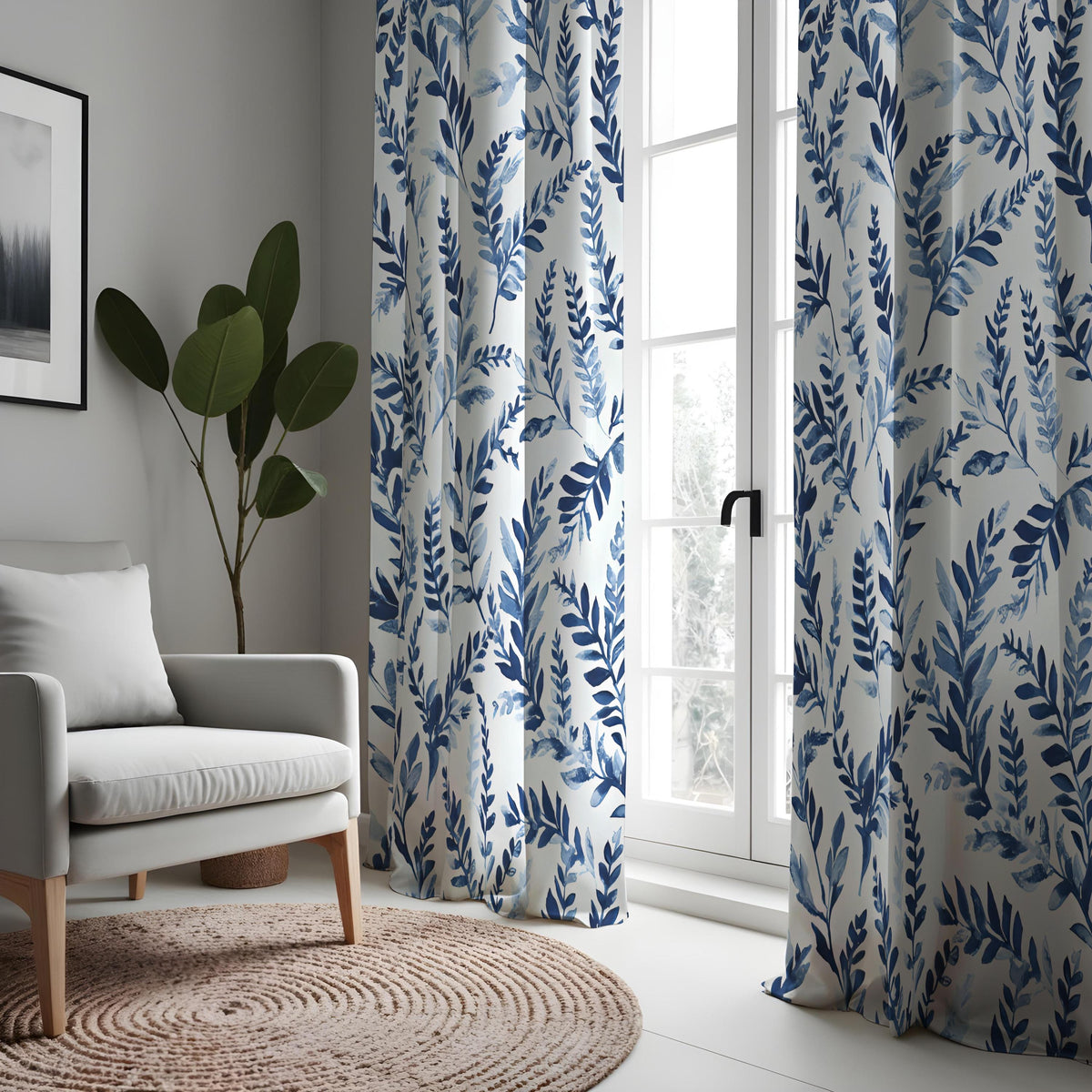 Blue Watercolor Leaf Curtains, Botanical Nature Drapes