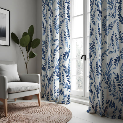 Blue Watercolor Leaf Curtains, Botanical Nature Drapes