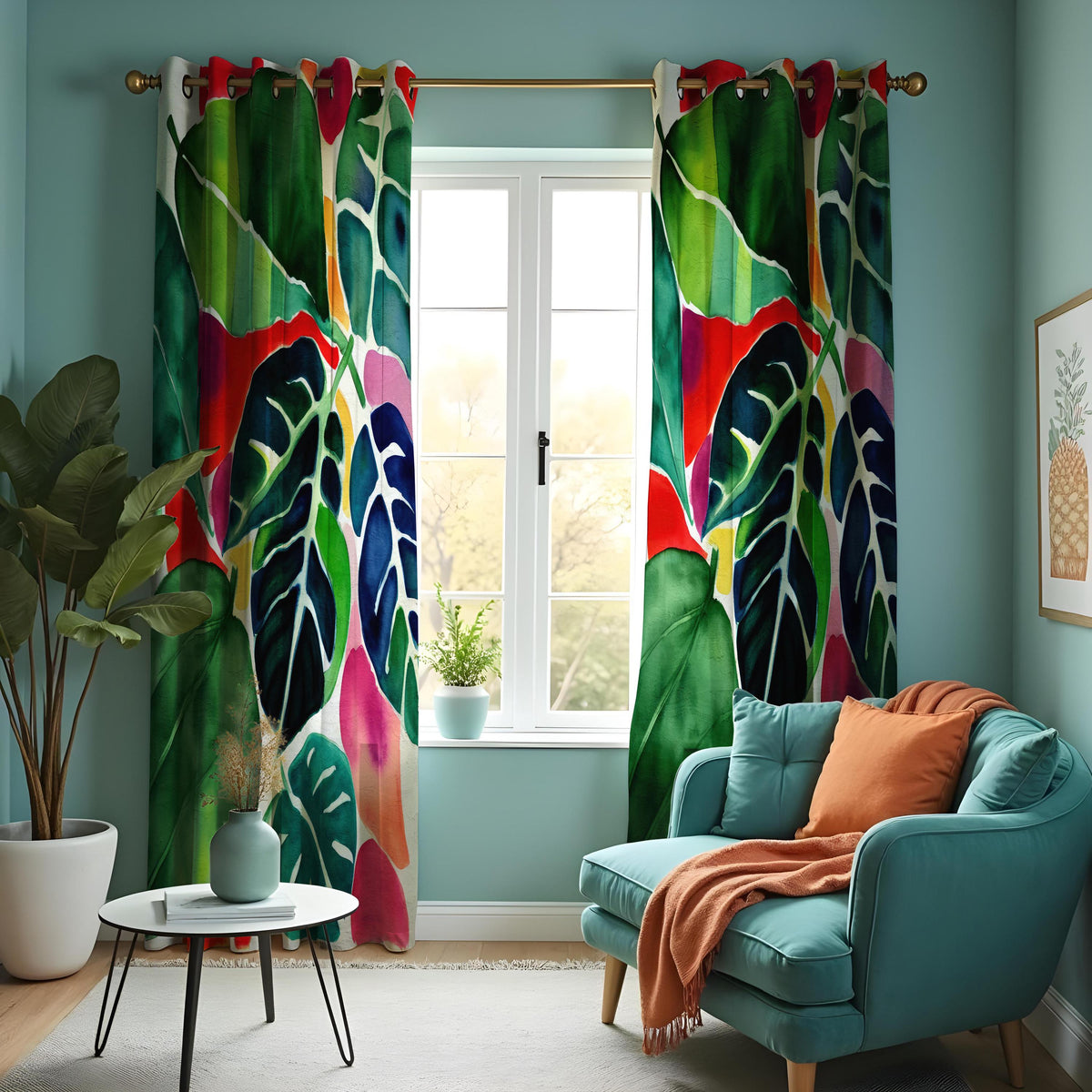Red & Green Jungle Leaf Curtains, Tropical Botanical Drapes