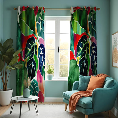 Red & Green Jungle Leaf Curtains, Tropical Botanical Drapes