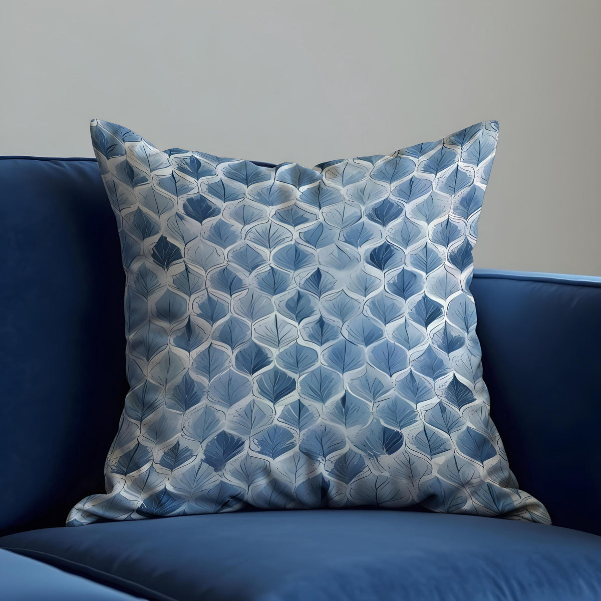 Blue Leaf Cushion Cover, Navy Botanical Throw Pillow Case